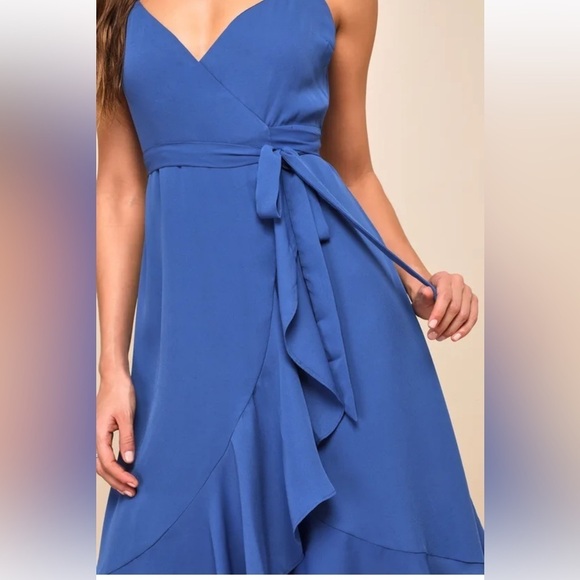 Lulus Manhattan Moment Blue Ruffled Midi Wrap Dress Size XS - Picture 5 of 13
